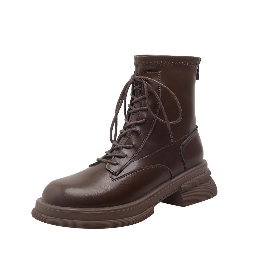 thick-soled Martin boots short boots women's leather spring and autumn single boots British style college lace-up elasticity increases and looks thin