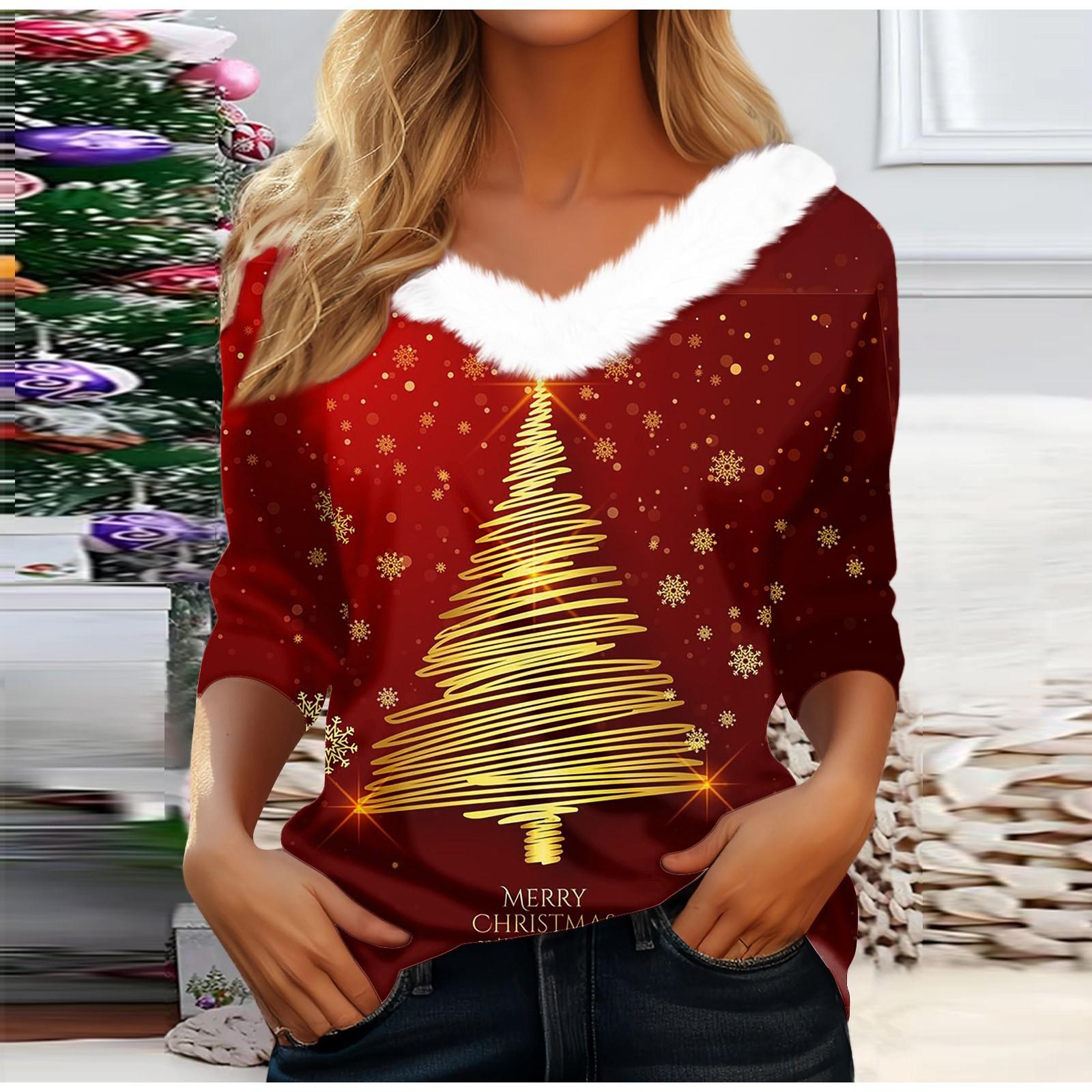 

Рубашки с длинным рукавом для женщин Милые топы Рождественские принты Футболки Блузки Повседневные топы больших размеров Базовые топы Пуловеры XXXL винный