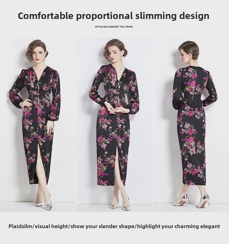 Elegantes Kleid mit Laternenärmeln und Print - Hochwertig, Leicht reifer Stil, Taillenbetont, Langer Rock für Frühlings- und Herbstabendgarderobe