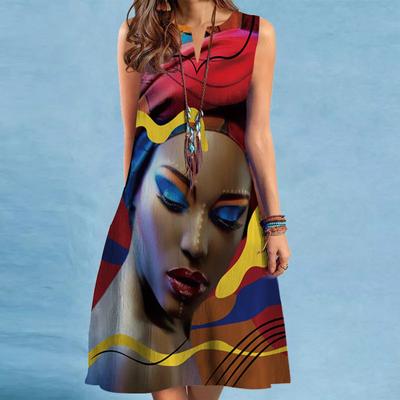 Spring and Summer Printed V-neck Loose Casual Sleeveless Dress Female Beach Vacation Casual Dresses