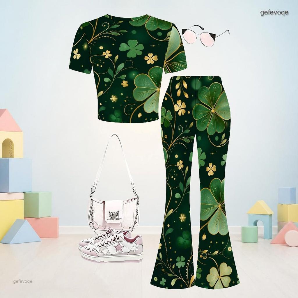 Girls Navy Blue Round Neck Short Sleeve Printed Top Flared Pants Two Piece Set