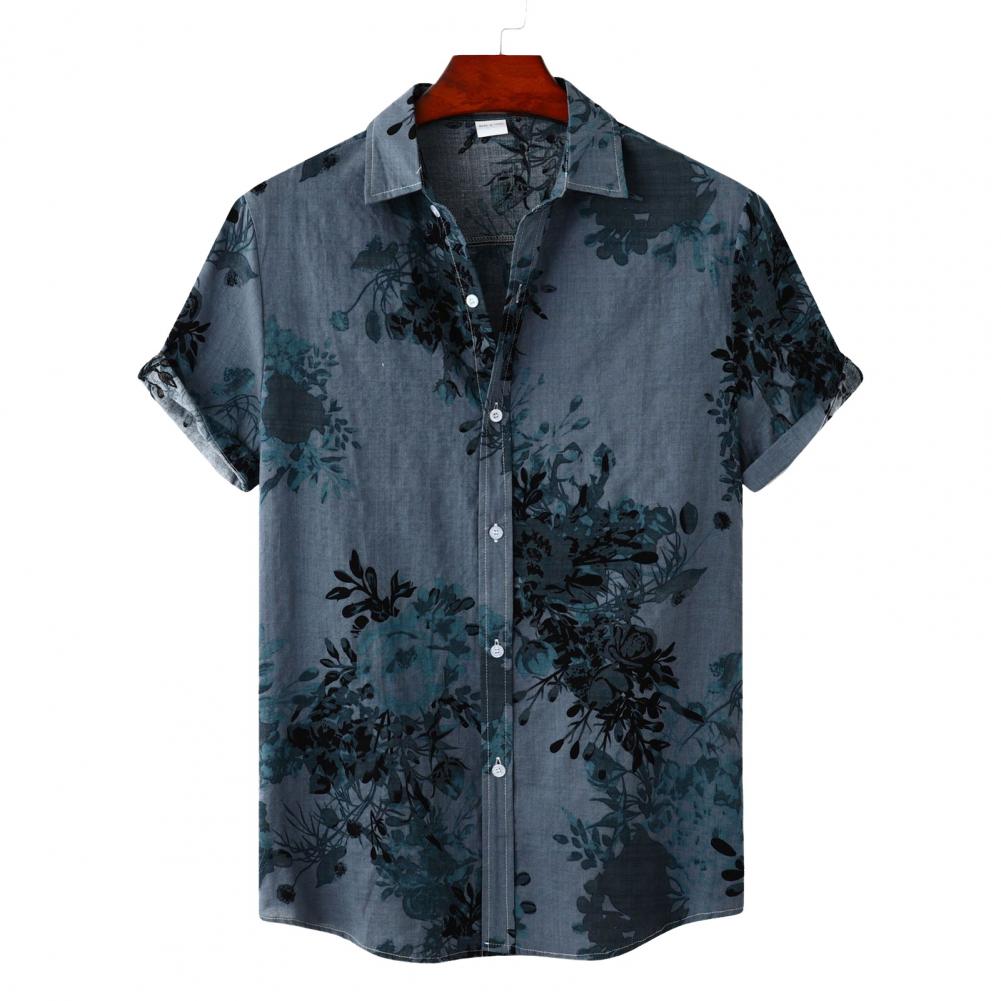 Summer Men Shirt Vintage Floral Print Turn-down Collar Single-breasted Short Sleeves Loose Cardigan Buttons Mid Length Top