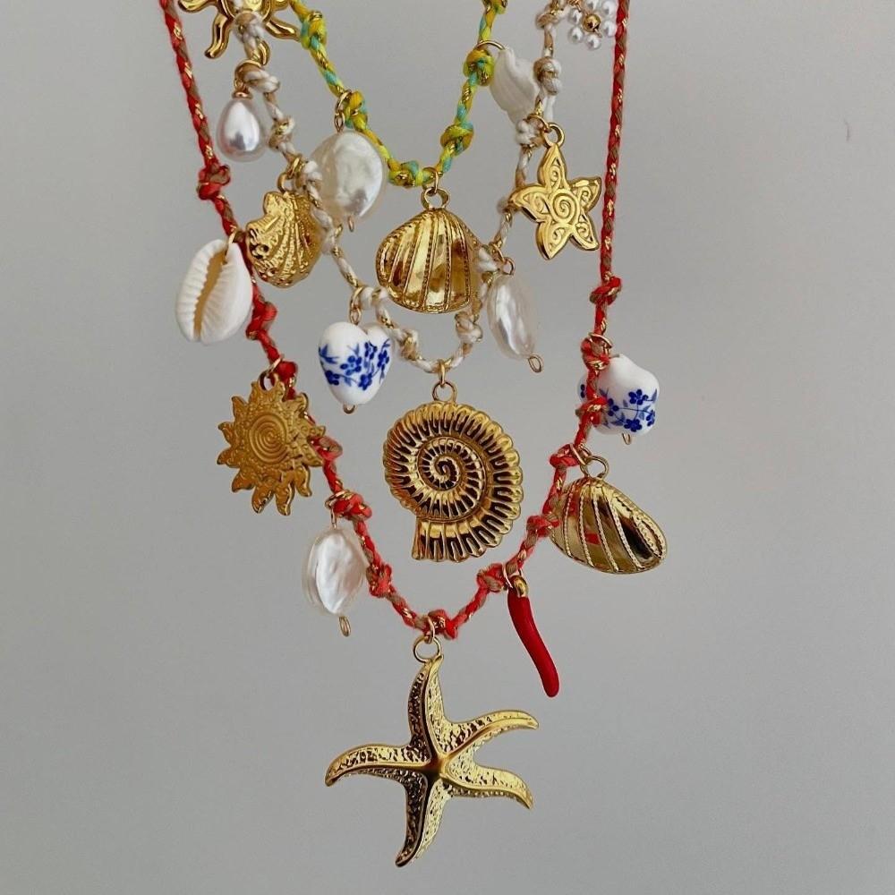 Movable Woven Rope Collarbone Chain Ocean Style Mini Metal Sun Necklace  Kids
