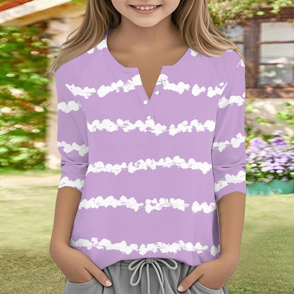 Print Tops For Youth Girls V Neck Button 3/4 Sleeves T-Shirts Trendy Tops Outfit Tees