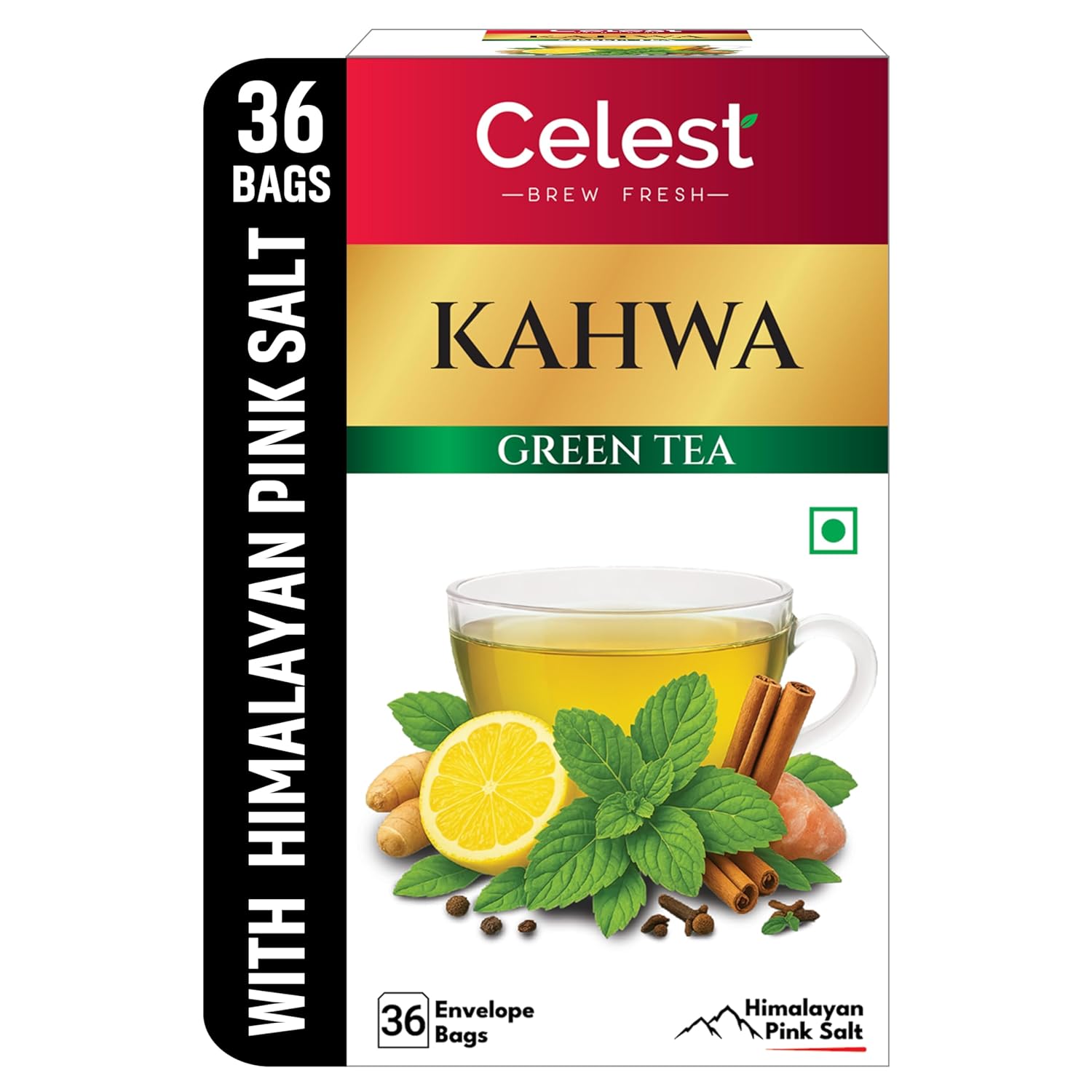 Celest Kahwa Green Tea 36 Bags x 1 Pack Detox Herbal Tea with Spices and Refreshing Flavor