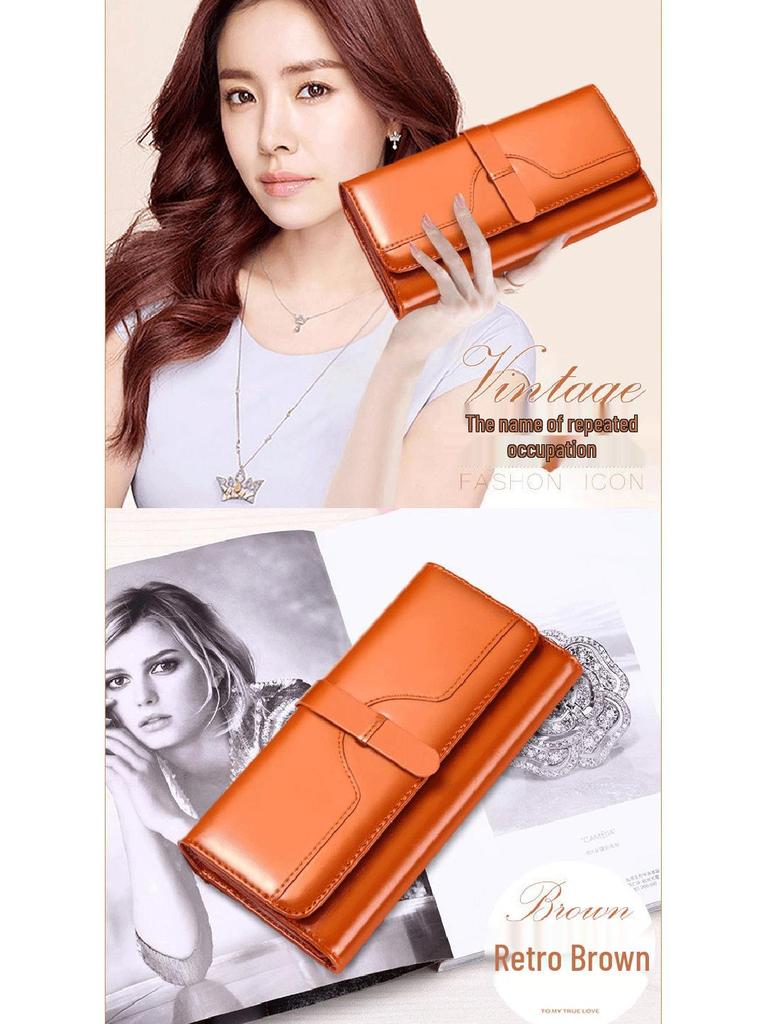 Women's Tri-Fold Genuine Leather Wallet: Large Capacity, Multiple Card Slots, Korean Style Coin Purse with Clasp.