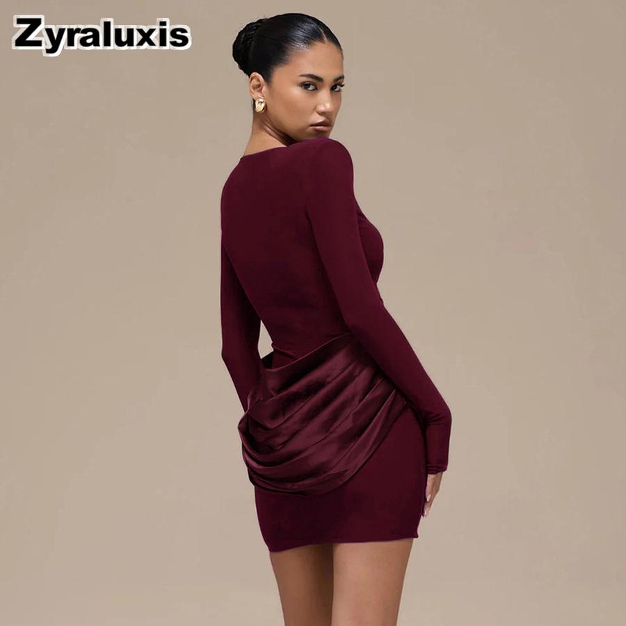 Women's Autumn Winter New Style Solid Elegant Casual Slim Fit Crew Neck Long Sleeve Ruffled Mini Dress