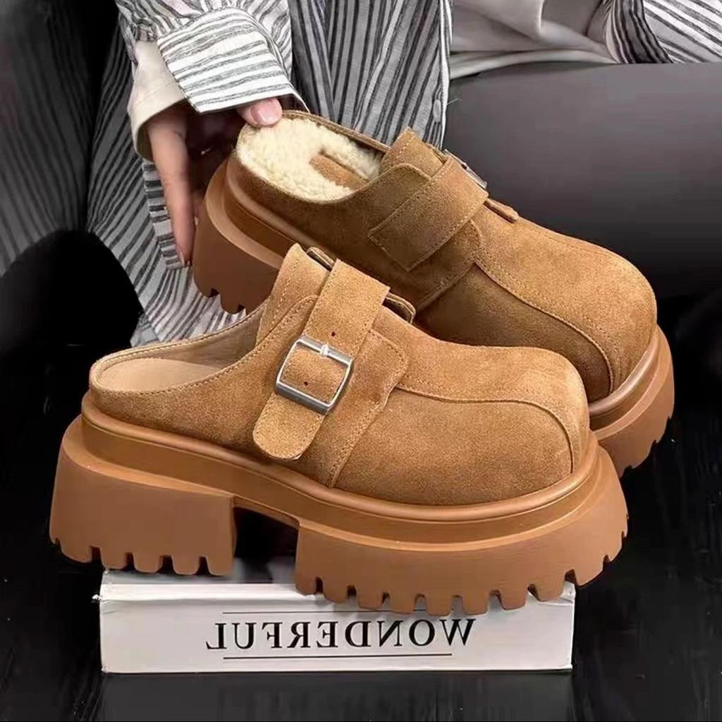 Papuci mat cu cap mare, cu talpă groasă, îmbrăcăminte pentru femei, cizme de zăpadă retro versatile, geantă pentru creșterea în înălțime pentru bărbați mici, pantofi de bumbac jumătate-papuci