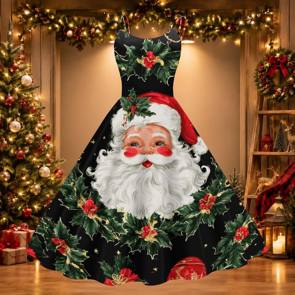 Women's Christmas Print Off-Shoulder Vintage Dress