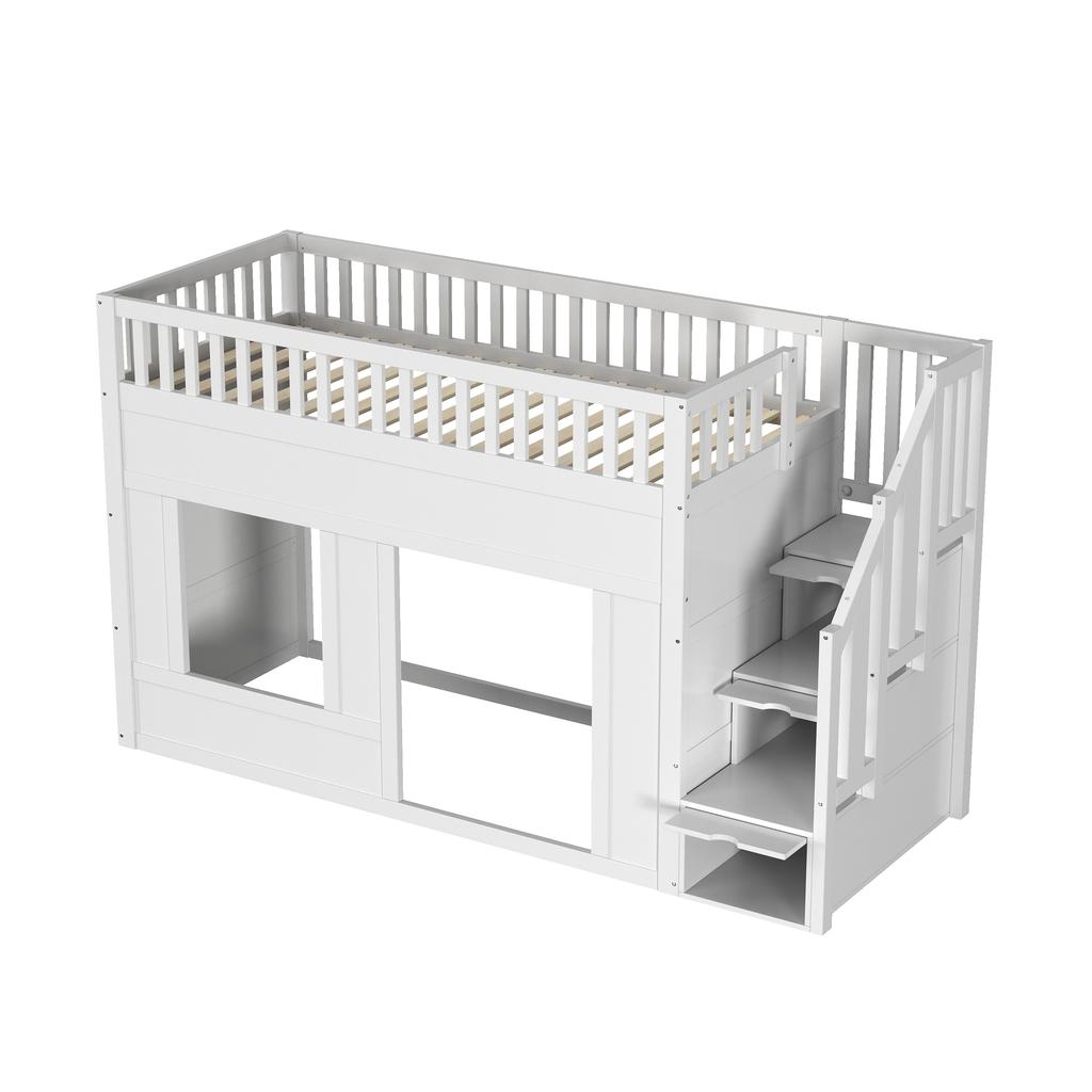 Kinderbett, Etagenbett (90 x 200 cm), Hochbett, Multifunktionsbett mit Treppenschrank, Umbaubare Spielfläche darunter, ohne Matratze, Weiß