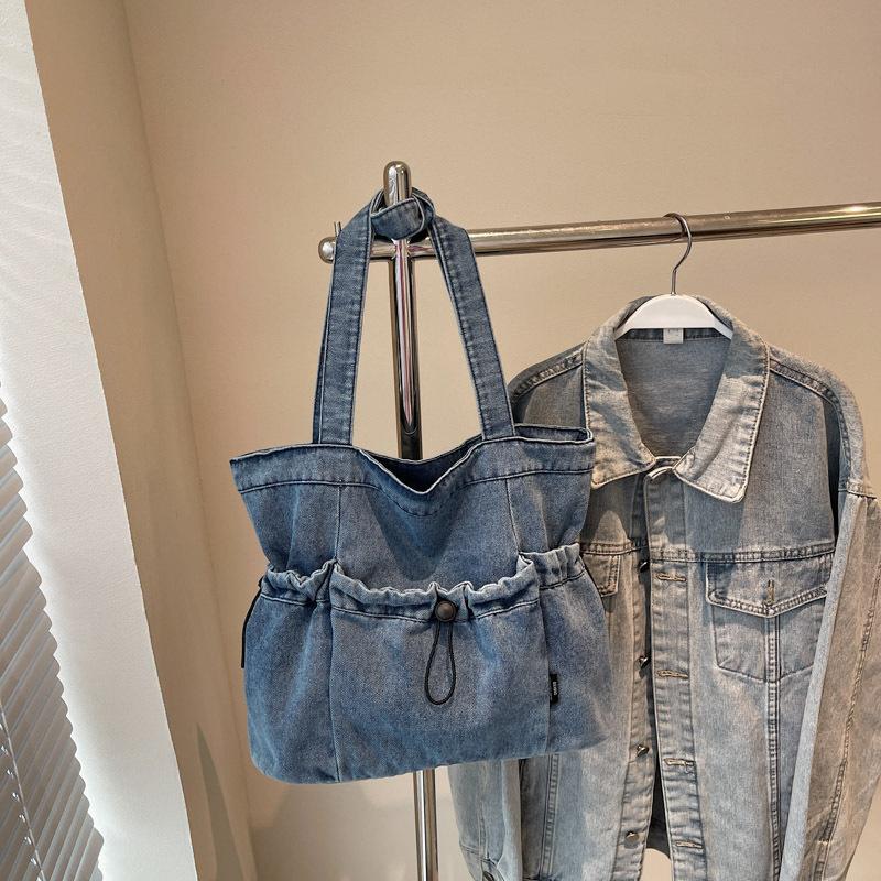 Korean version of simple large-capacity denim bag women's casual solid color literary shoulder bag college student class tote bag