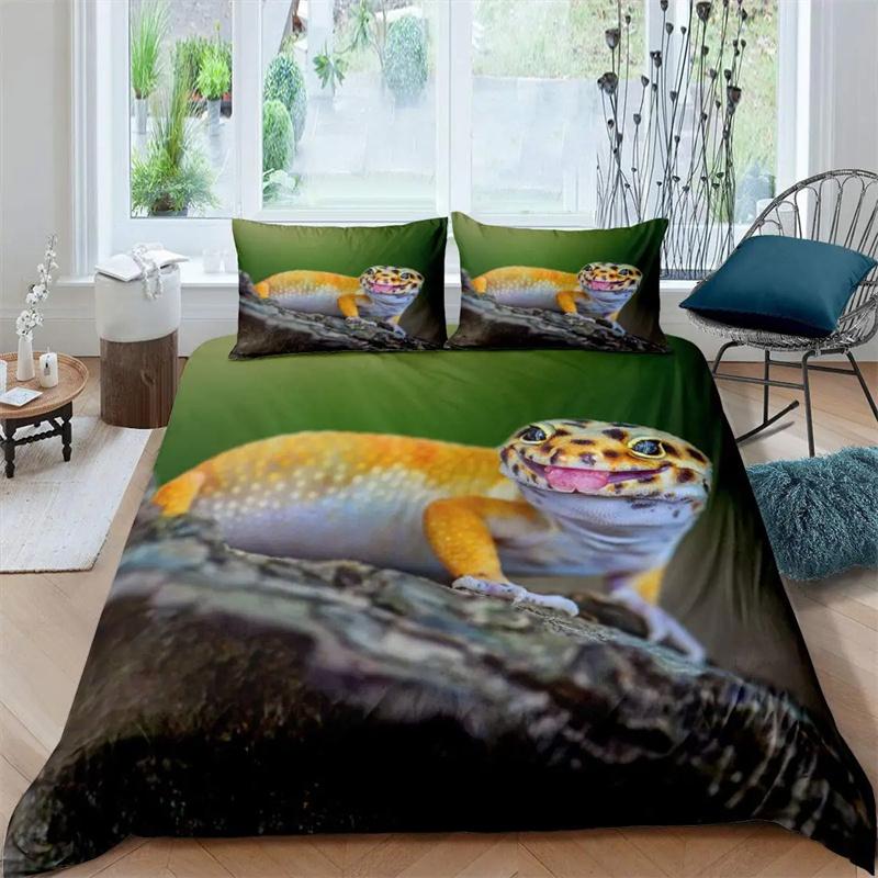 Lizard Duvet Cover Set Reptile Bedding Sets King Size for Boys Girls Toad Tropical Animal Purple Floral Exotic Comforter Cover