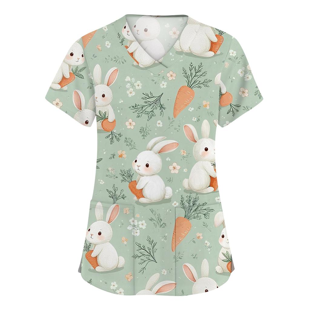 Women's Fashion V-neck Short Sleeve Workwear With Pockets Printed Tops