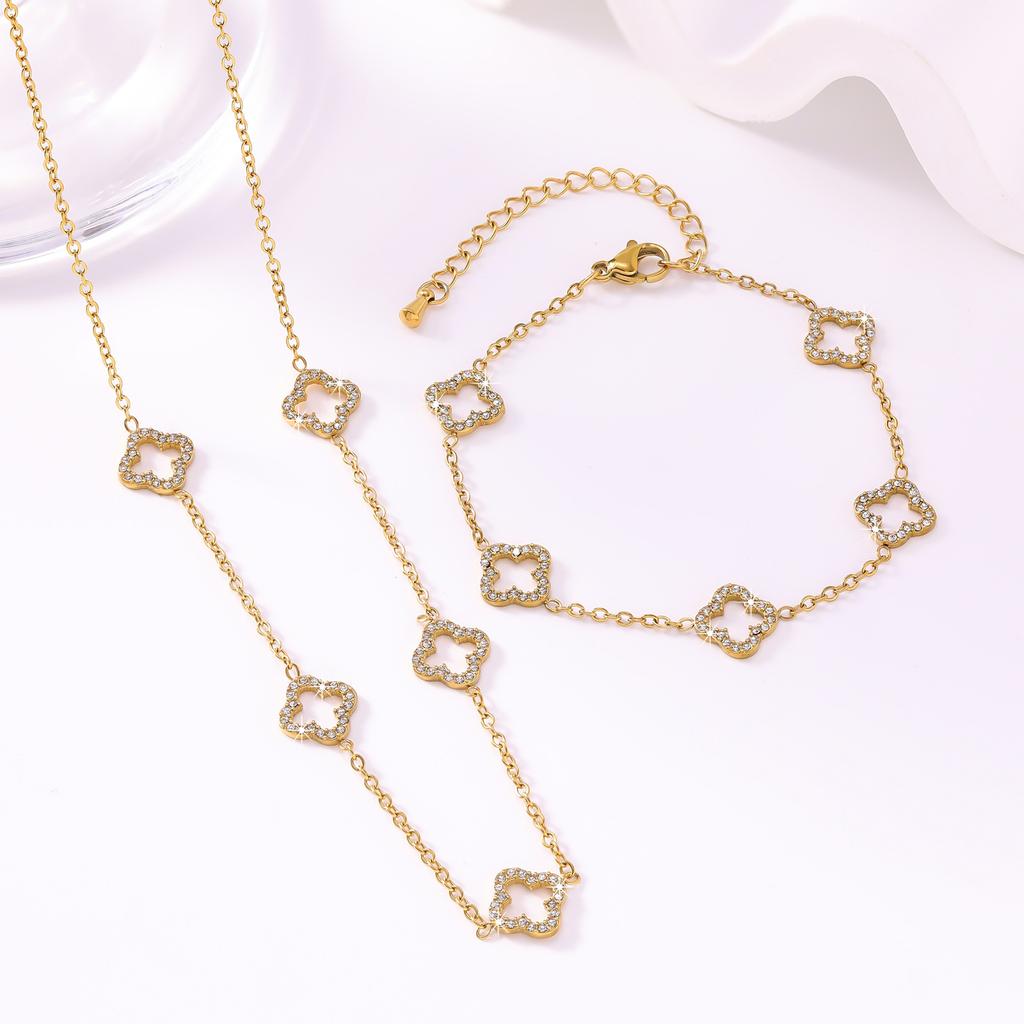 2PCS hollowed out clover long collarbone chain necklace, women's minimalist clover bracelet