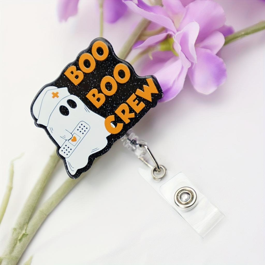 Halloween Boo Boo Crew Ghost Badge Reel, Acrylic Retractable ID Badge Holder with Swivel Clip for Nurses and Medical Staff, English Text