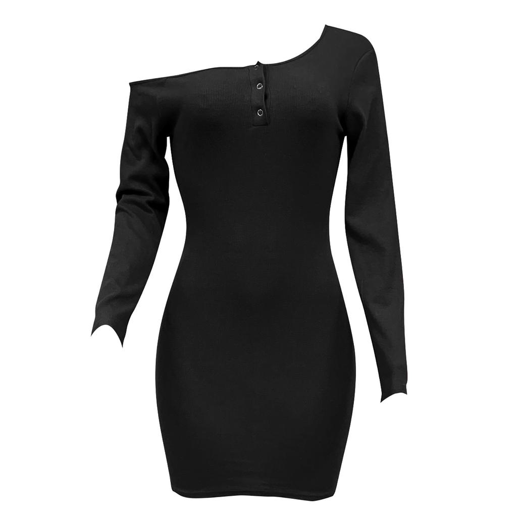 Women Fashion Knitted Button Slim Dress Long Sleeve Color Dress