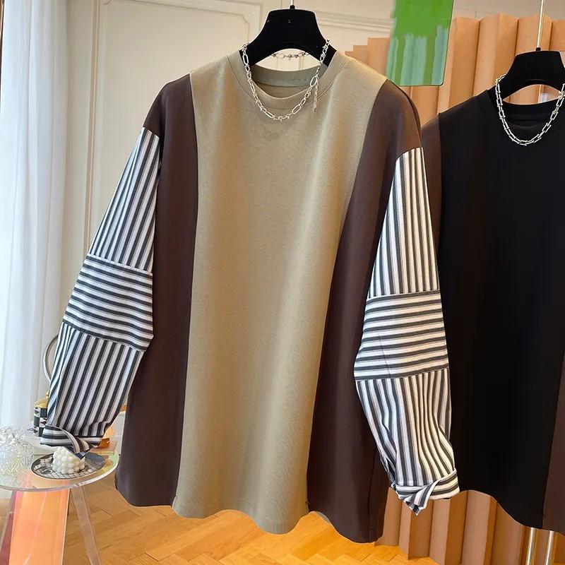 Women's Spring and Fall Striped Loose Design Splicing Sweatshirt Temperament Round Neck Lazy Wind Tops