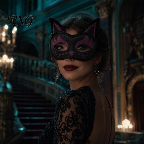 Eye Catching Prom Mask Cat Half Face Mask, Halloween Glitter Venetian Masquerade Flexible Rhinestone Ear for Party Costume Cosplay Lightweight