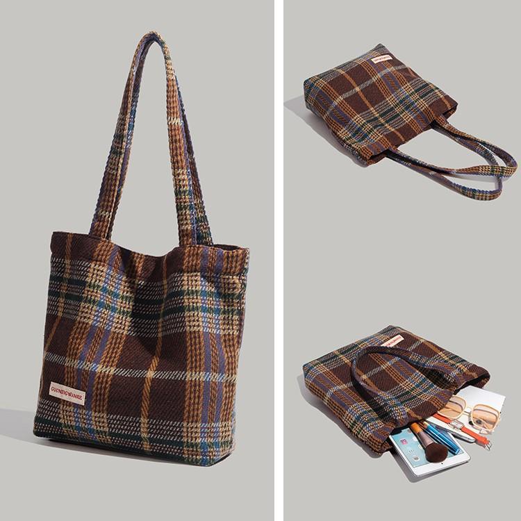 Japanese Retro Plaid Autumn Winter Tote Bag for Girls Students Handbag Korean Version Large Capacity Versatile Shoulder Bag