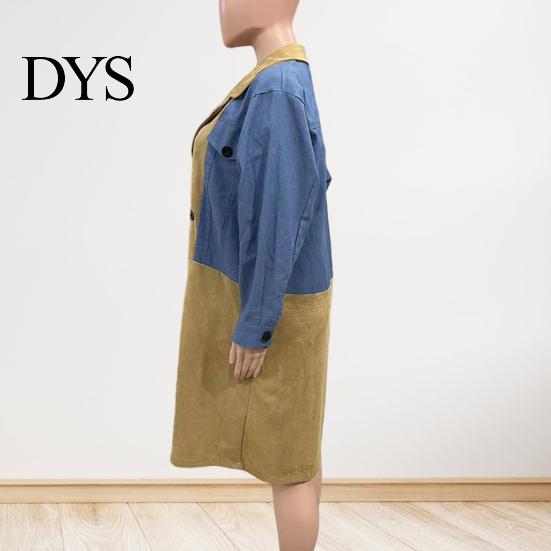 Chaqueta Cardigan de Manga Larga para Mujer Primavera Otoño Abrigo Vaquero Sobretodo Patchwork Doble Botonadura Dama Holgada con Bolsillos con Solapa Bloque de Color Longitud Media