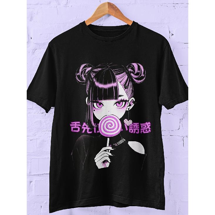 Lollipop Pastel Goth Girl Anime T-shirt Harajuku Streetwear Japanese Streetwear Grunge Aesthetic Men's Black Tee Classic Perfect for