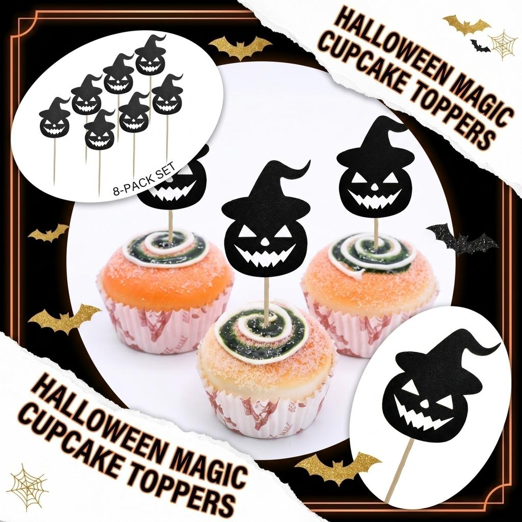 8pcs Halloween Pumpkin Cake Toppers Set Halloween Dessert Decoration Picks DIY Craft Supplies for Party Table Centerpiece