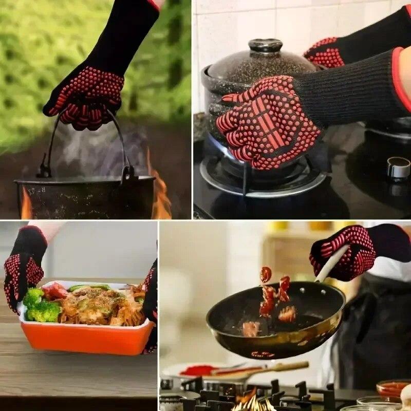 2pcs BBQ Microwave Oven Gloves Baking Oven Mitts Non-slip Fireproof Gloves Heat Resistant 800 Degrees Cooking Oven Gloves