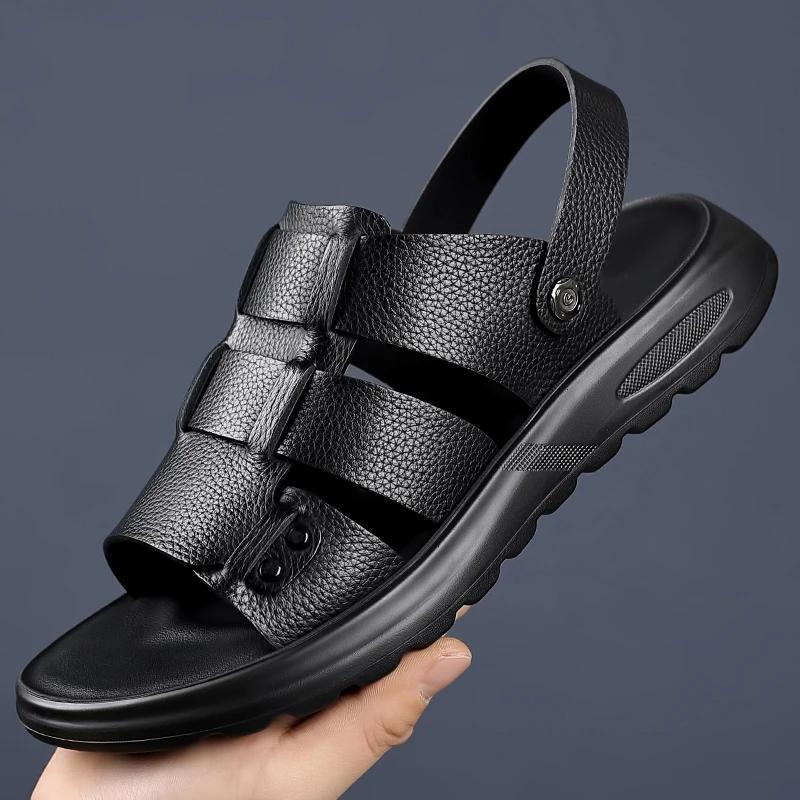 Fashion Mens Commute Genuine Leather Sandals Solid Color Leather Summer Breathable Beach Shoes Casual Comfortable Open Toe Soft Sandals