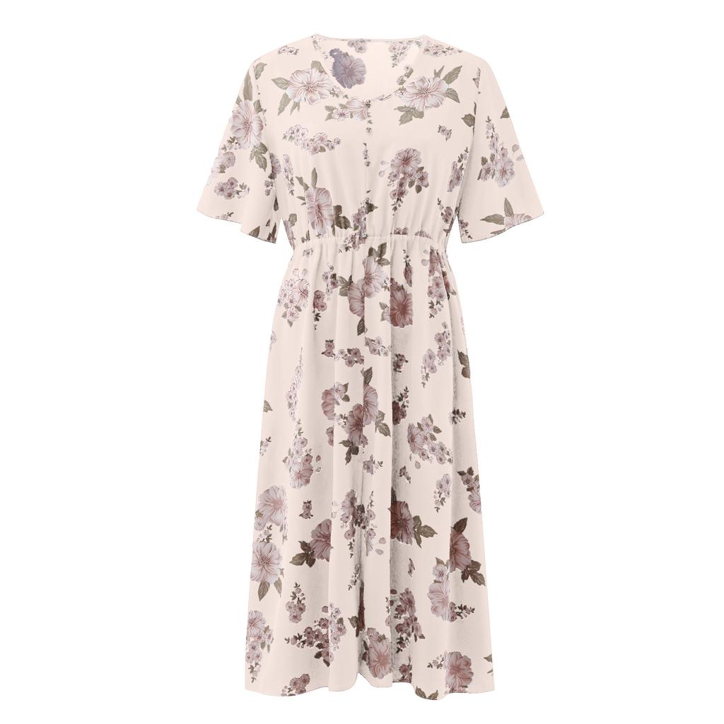 Large Size Ladies Flower Print V-neck Short-sleeved Dress European and American Waist Loose Split Mid-length Chiffon Skirt