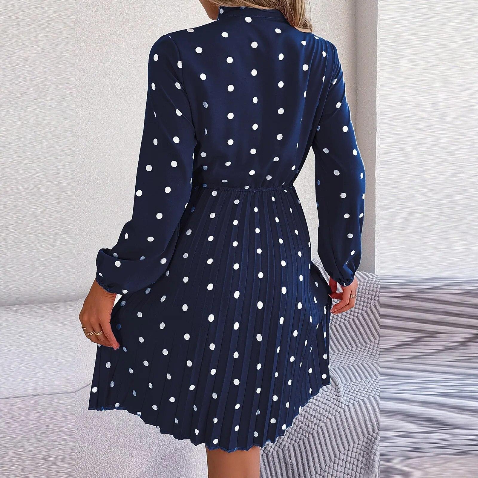 

2026 Ladies Polka Dot Dress Spring And Summer Temperament Lace Up Waist Dress Long Sleeved Pleated Skirt Elegant Female Vestidos XL темно-синього кольору