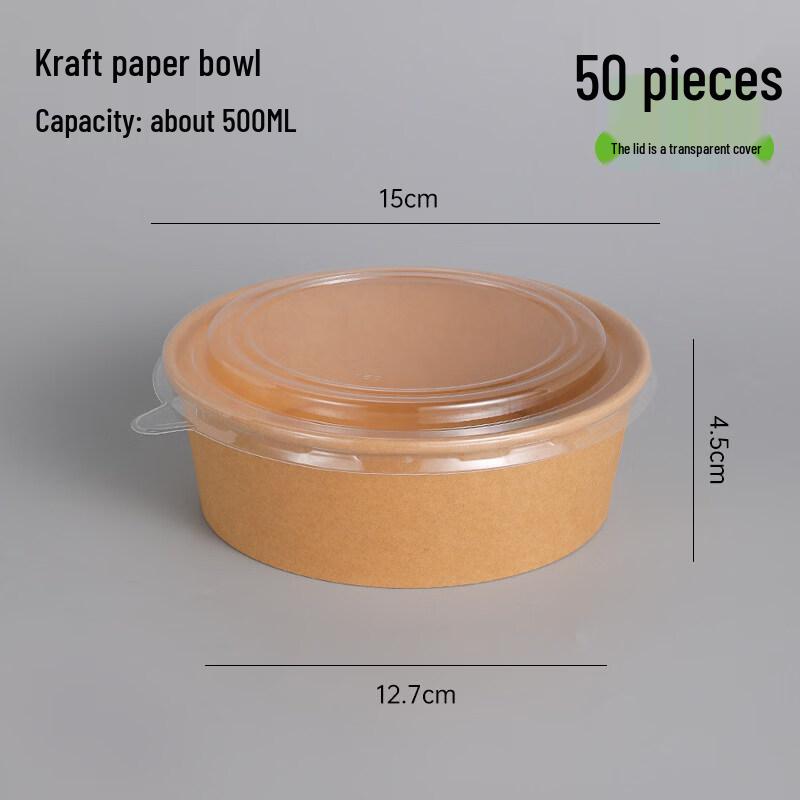 Disposable 500ml Kraft Paper Takeout Bowls with Transparent Lids (50 Sets)