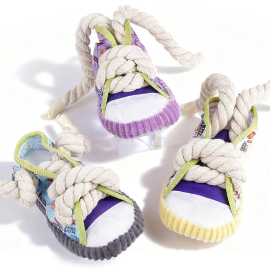 Dog Chew Toy Sneaker Funny Puppy Teething Toy Cotton Rope Chew Toy with Squeaker And Bell for Aggressive Chewers Small Medium Dogs Fetch Tug-of-War