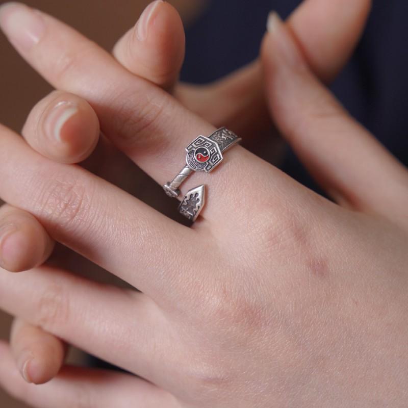 Adjustable Open Ring Men Women Vintage Copper Design Retro Taoist Style Statement Jewelry