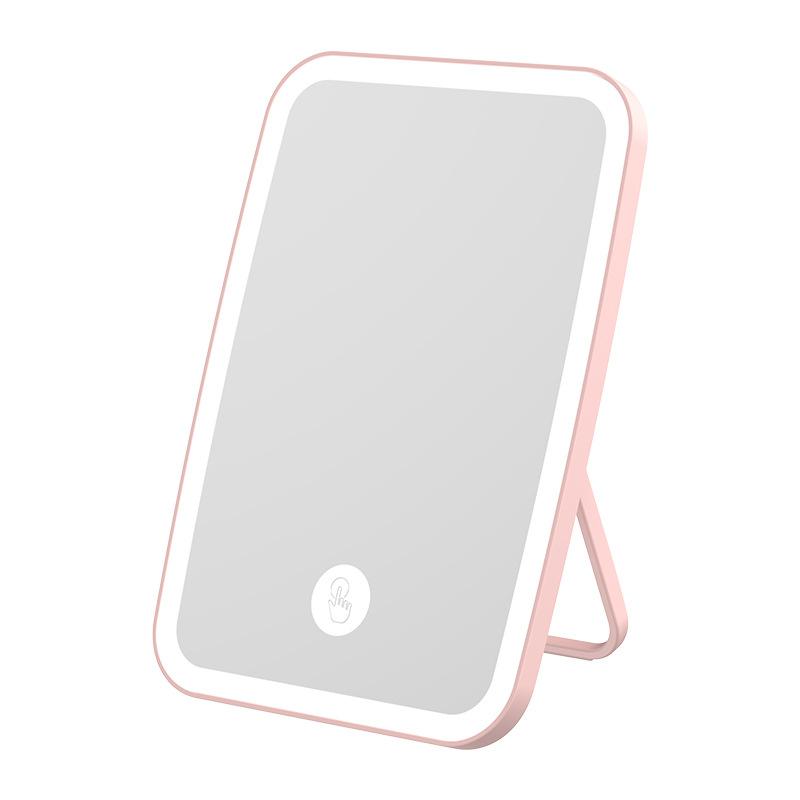 LED Vanity Mirror with USB Charging, Foldable Desktop Mirror for Dorm Room Office Makeup, 3 Color Lights, Storage Base