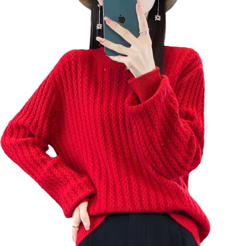 2024 A/W Women's Thick Wool Knit Sweater - Round Neck, Long Sleeve, Bright Silk, Loose Fit