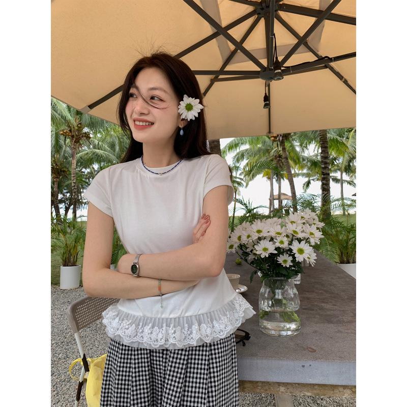 

Douyin Live White Pure Desire Lace Trim Off-Shoulder Slim Fit T-Shirt for Women - Trendy Summer Wear Medium чорний