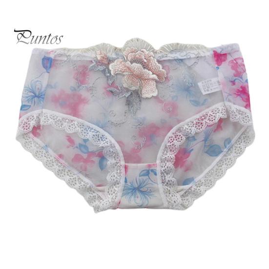 Underpants Women Panties Rose Embroidery Flower Print Mid Waist Stretch Briefs See-through Lace Sexy Ladies Underwear Daily Wear