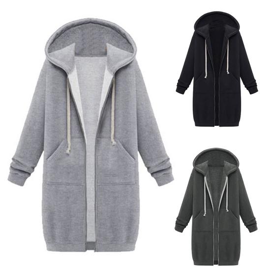 Plus Size Solid Color Casual Thicken Hooded Women Zip Up Long Sweater Coat