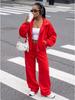 Basic full zipper sports suit for women, loose waist jacket, elastic waist wide-leg trousers two-piece set