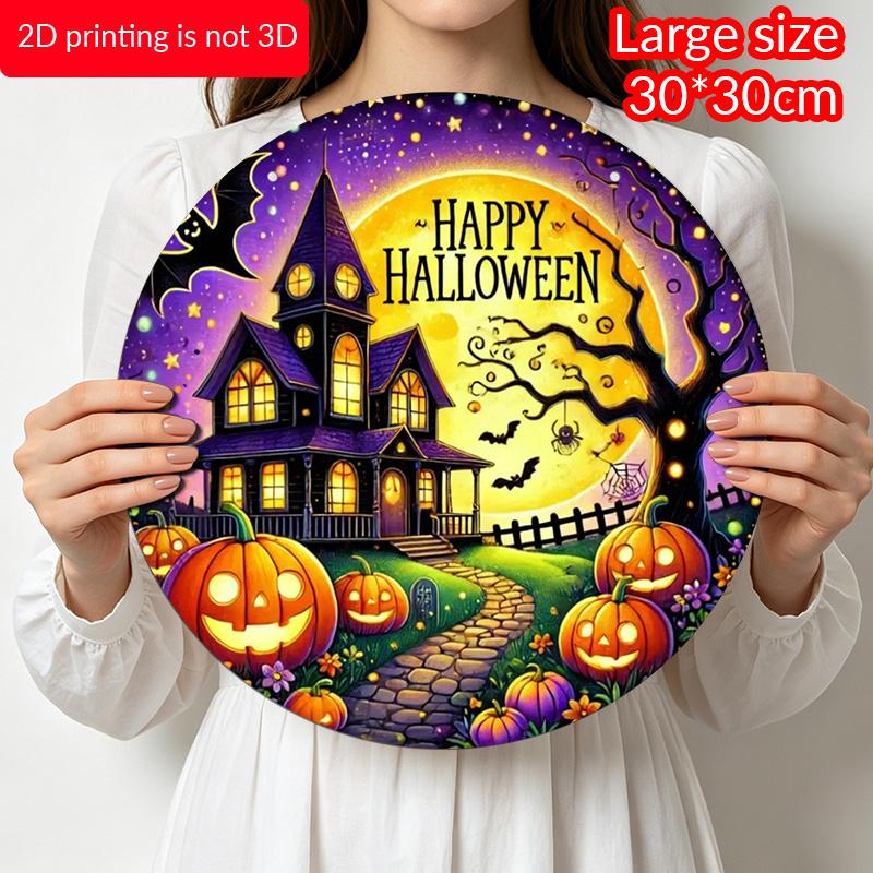 2D Flat, 1pc Round Aluminum Hanging Sign - Haunted House and Pumpkin Lantern Design, Happy Halloween Wall Decor, Durable Aluminum Sign, Suitable for