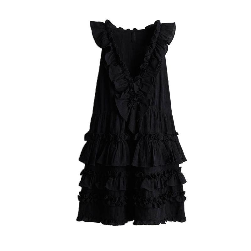 Summer New Product Women's Clothes Cotton Silm V Neck Sleeveless Frill Flared Unlined Dress 1280381