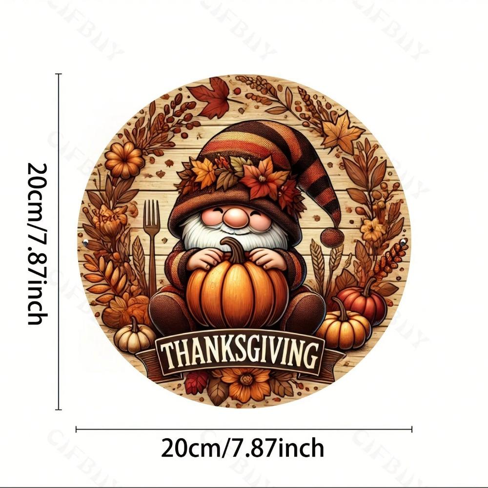 Vintage Metal Wall Art Round Aluminum Sign Thanksgiving Gnome Decor 8x8 Inch