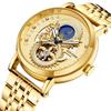 PINTIME Luxury Gold Stainless Watch Dragon Skeleton Mechanical Watch Men Moon Phase Tourbillon Wristwatch