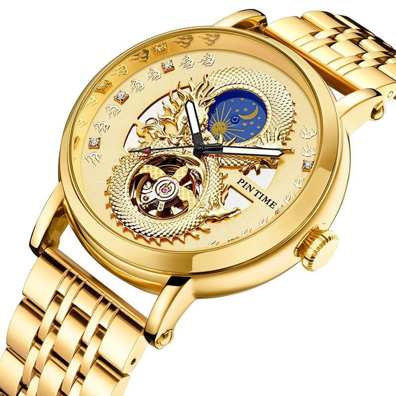PINTIME Luxury Gold Stainless Watch Dragon Skeleton Mechanical Watch Men Moon Phase Tourbillon Wristwatch