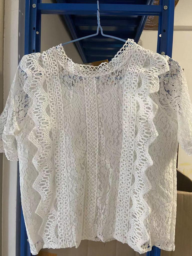 2025 Summer Women's Lace Top: Solid Color, Round Neck, Short Sleeve, Crochet Hollow Out, Loose Fit, Stylish & Comfortable Shirt.