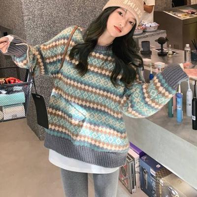 Women's Retro Jacquard Striped Round Neck Loose Fitting Sweater Oversized Long Sleeved Knitwear Jumper
