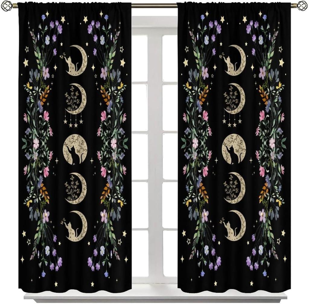 Bohemian Moon Flower Bedroom Curtains Phase Black Cat Natural Plant Moonlight Print Living Room Drapes Panels Se Curtain Polyester Ideal For Sitting