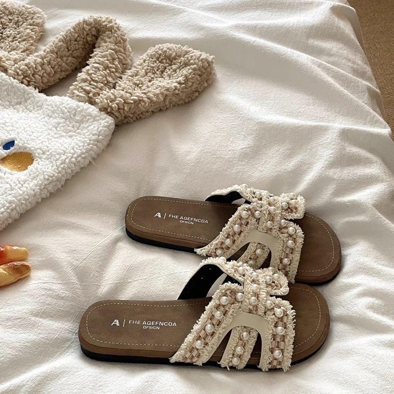 Daily Casual Pearl French Lazy Holiday Wind Cool Slippers Women Wear One Word Slippers In Summer Tide