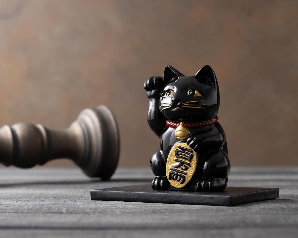Ginjado Maneki Neko Black Lacquer Hand of Cat Maneki Neko Good Luck Feng Shui Figurine Takaoka Copperware Neko Color_Right Raised/Made Metal_Lucky