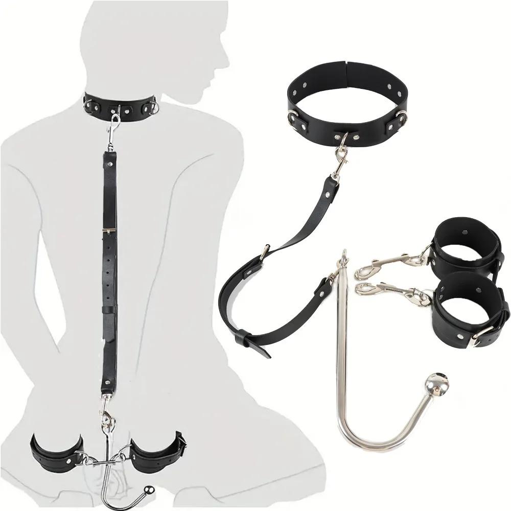 Adult Toys Sex Accessories Anal Bondage Set Anal Butt Plug Adjustable Handcuff Collar SM Couple Sex Toys Gag Self Bondage
